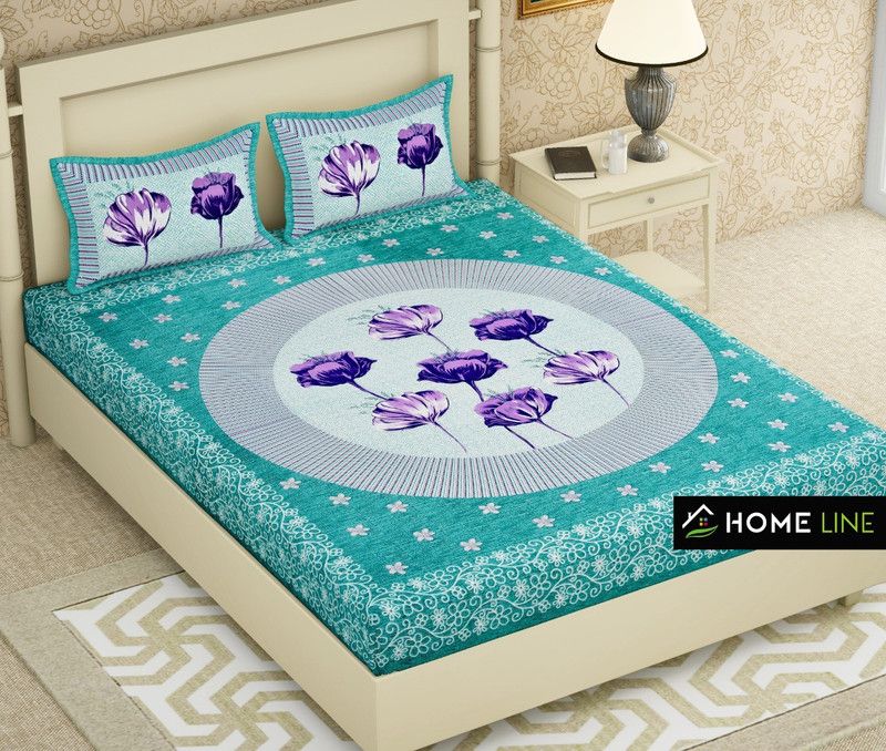 Sanganeri Mart 170 TC Cotton Double Floral Flat Bedsheet  (Pack of 1, Light Green Flower)