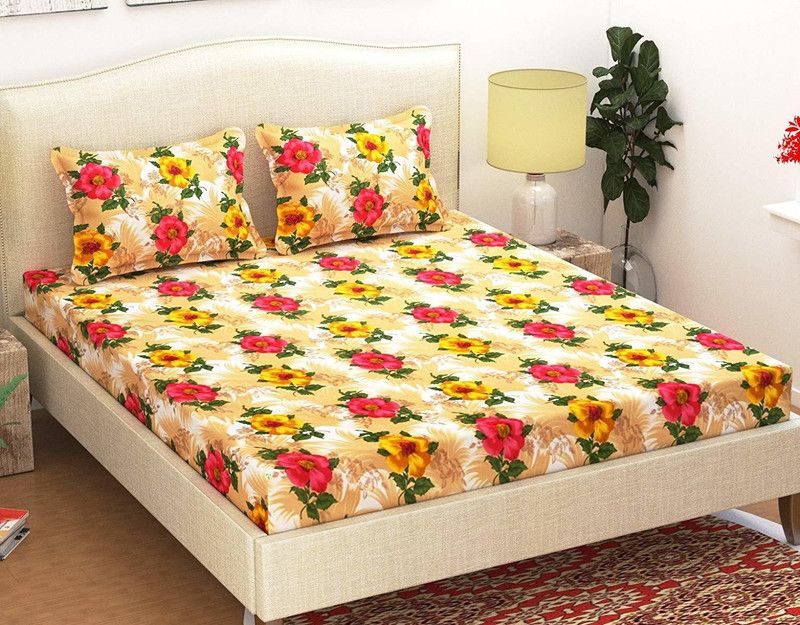 ZCI 200 TC Polycotton Double Floral Flat Bedsheet  (Pack of 1, Yellow, Green)