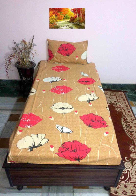 A&H 300 TC Cotton Single Floral Fitted (Elastic) Bedsheet  (Pack of 1, Brown)