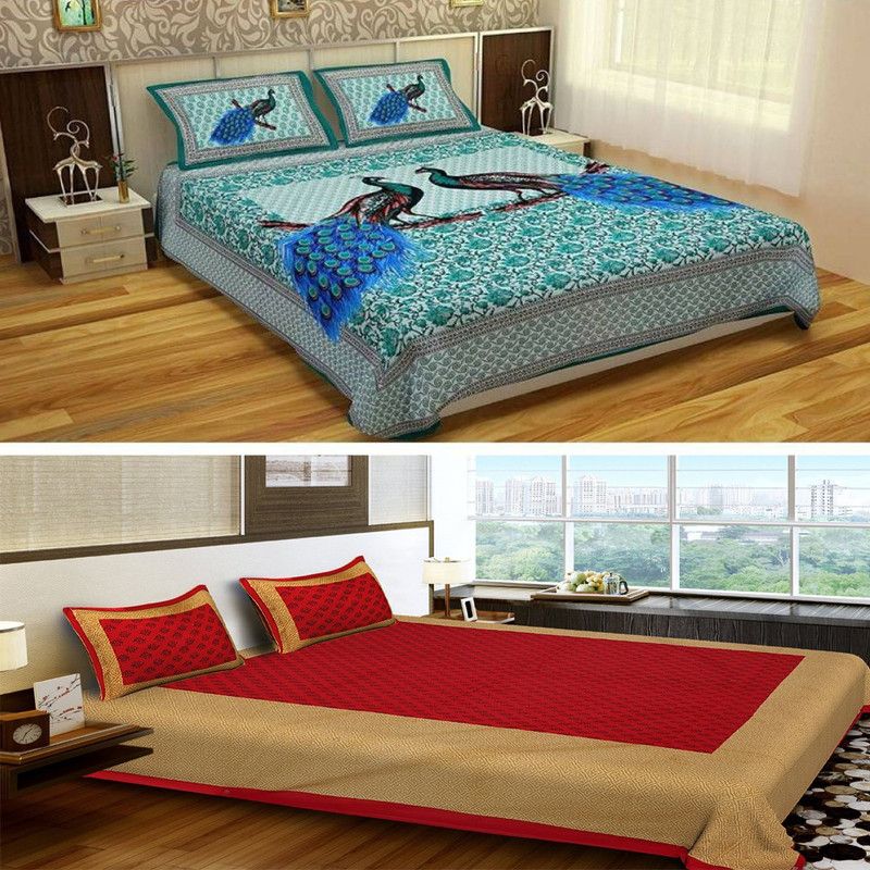 crafton 180 TC Cotton Double Printed Flat Bedsheet  (Pack of 1, Green)