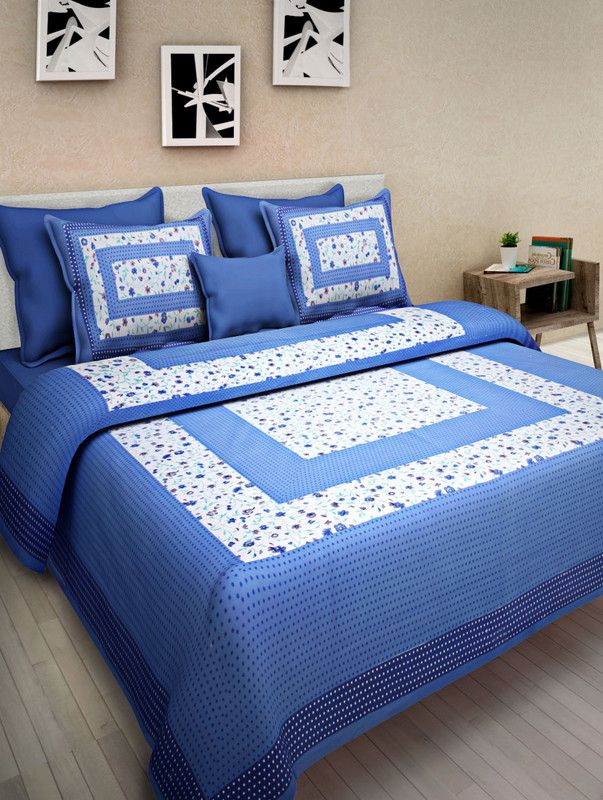 double cotton bed sheet 104 TC Cotton Double Printed Flat Bedsheet  (Pack of 3, blue, white)
