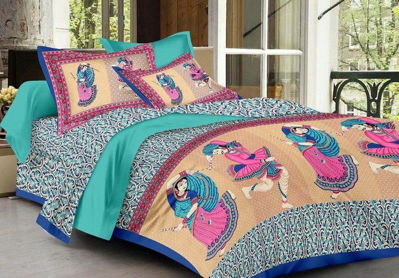 SKHD 144 TC Cotton Double Printed Flat Bedsheet  (Pack of 1, Yellow)