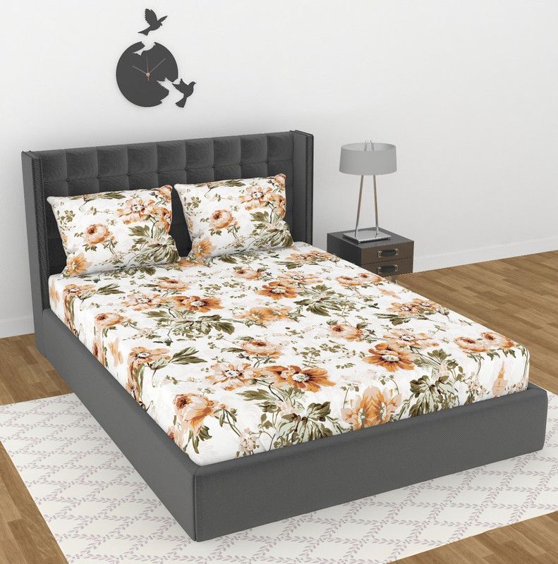 Everlush 280 TC Cotton Double Floral Fitted (Elastic) Bedsheet  (Pack of 1, Orange White)