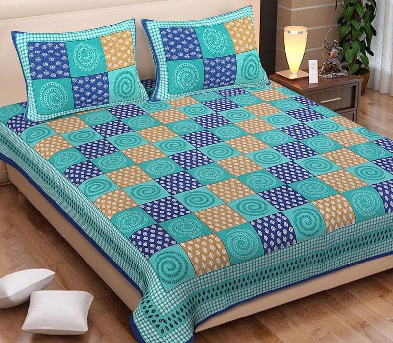 VIHANA LIFESTYL 260 TC Cotton King Printed Flat Bedsheet  (Pack of 1, Blue, Multicolor)
