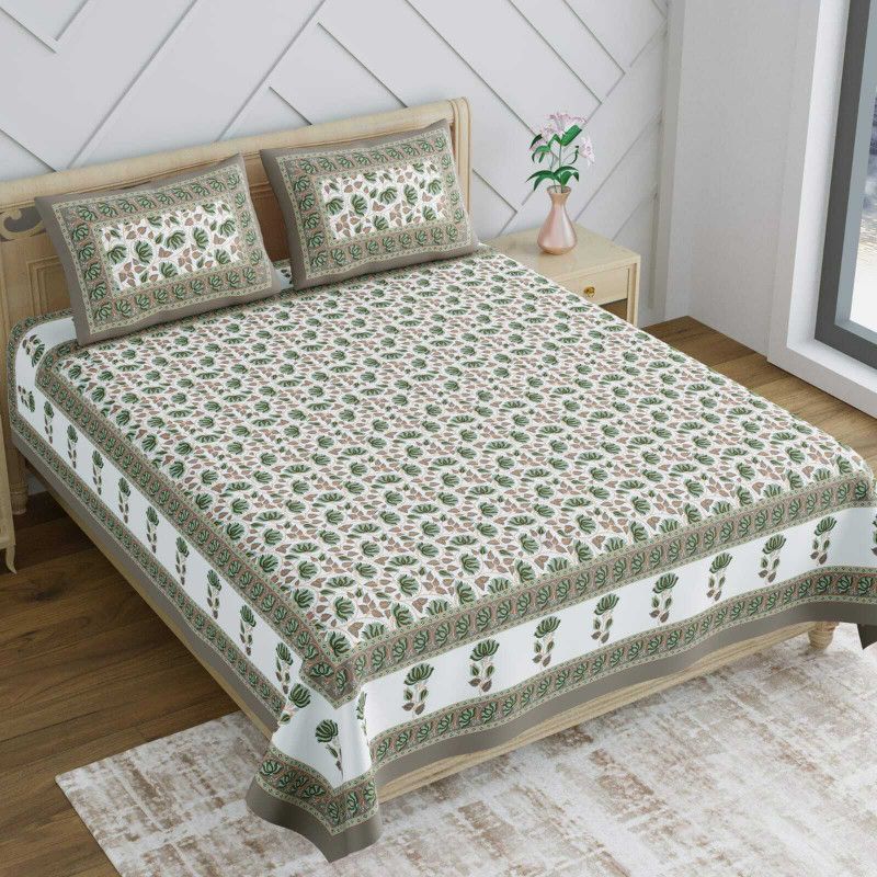 shree maanya 100 TC Cotton Double Jaipuri Prints Flat Bedsheet  (Pack of 1, GREEN 1)