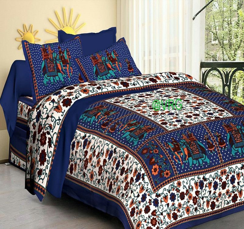 RAWAKA FASHION 228 TC Cotton Double Printed Flat Bedsheet  (Pack of 1, Blue)