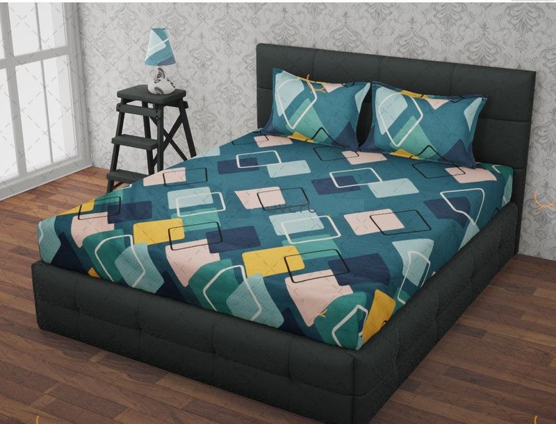 RUSTIC LINEN 144 TC Polycotton Double Geometric Fitted (Elastic) Bedsheet  (Pack of 1, Multicolor)