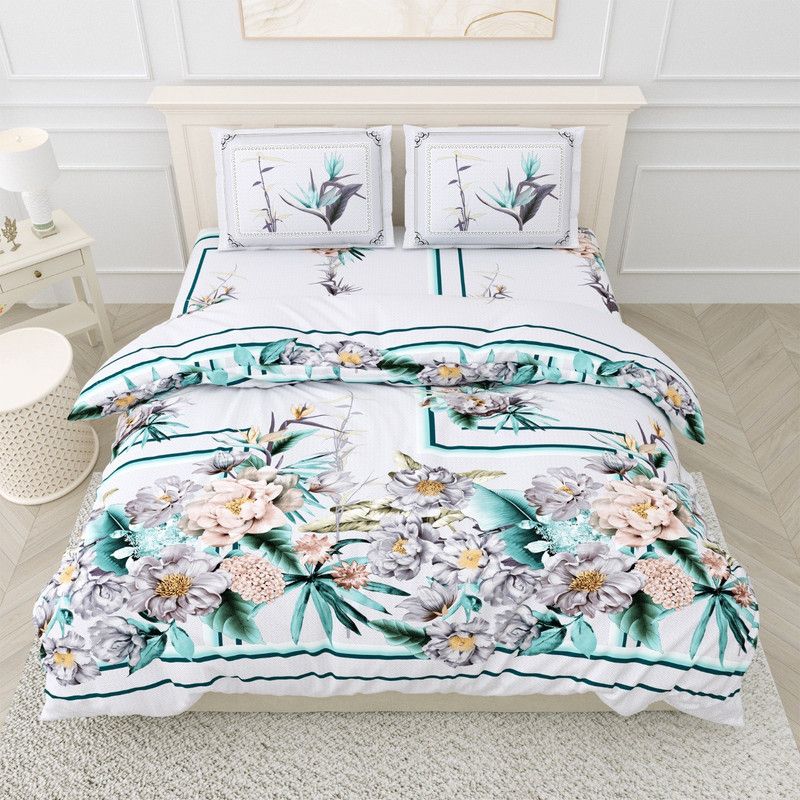 Hrishita Collection 400 TC Cotton King Floral Flat Bedsheet  (Pack of 1, Sea Green & White)
