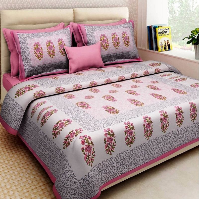 Home India 110 TC Cotton Double Jaipuri Prints Flat Bedsheet  (Pack of 1, Pink)