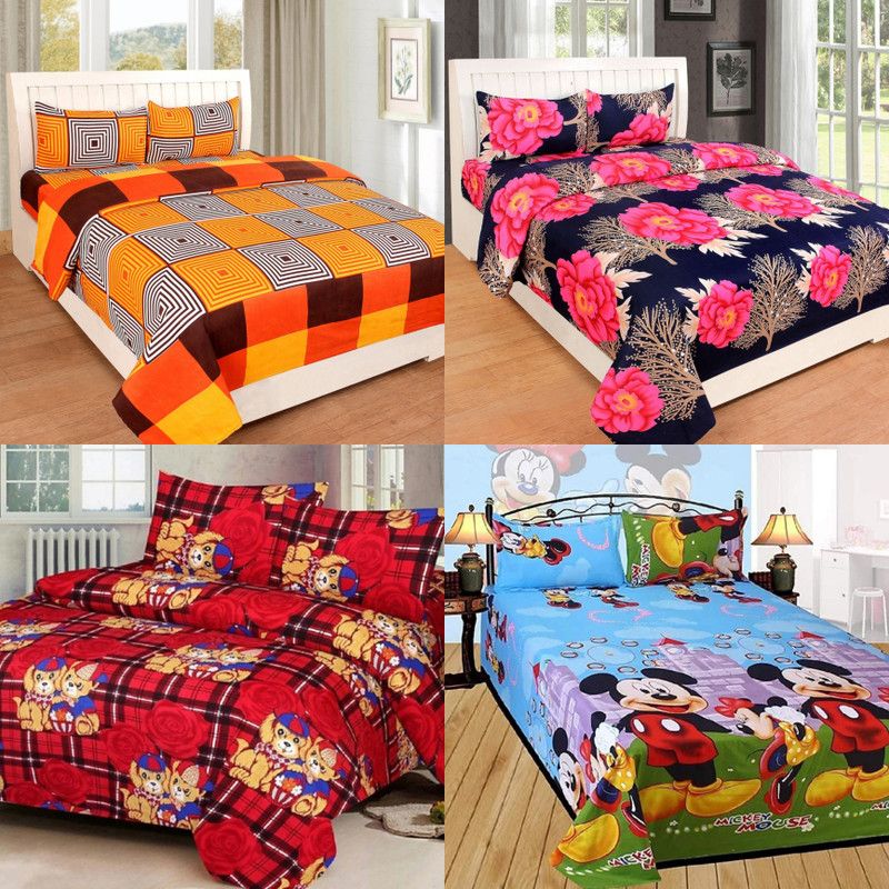 VORDVIGO 150 TC Polycotton Double 3D Printed Flat Bedsheet  (Pack of 4, Multicolor)