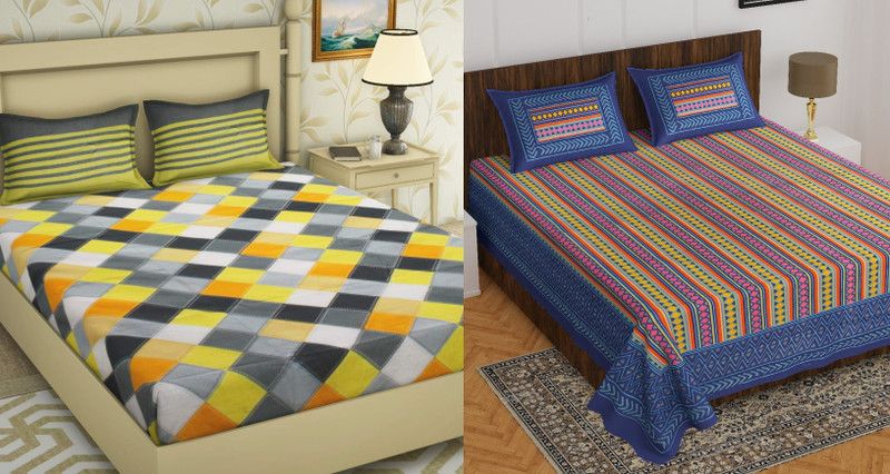 BedZone 180 TC Cotton King Printed Flat Bedsheet  (Pack of 2, Multicolor)