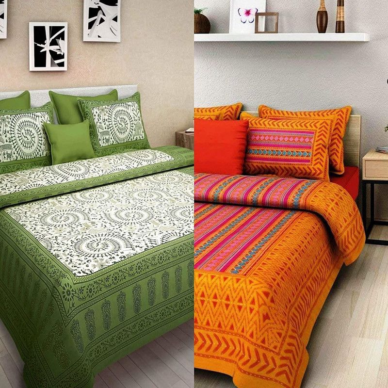 double cotton bed sheet 144 TC Cotton King Printed Flat Bedsheet  (Pack of 2, Orange Zig Zag & Green Adimanav)
