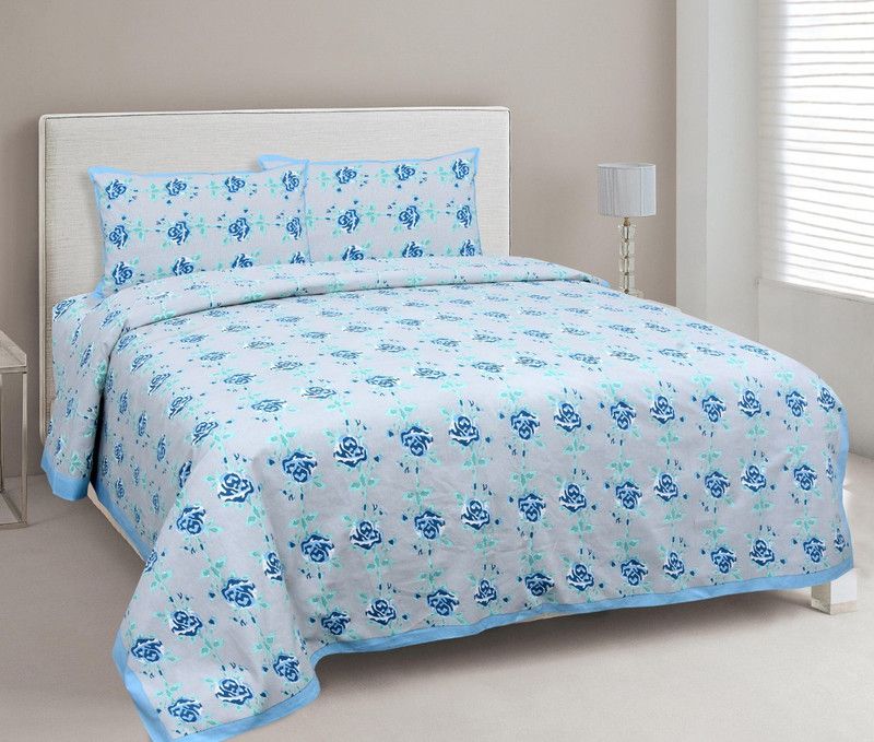 Shrimaan Designers 120 TC Cotton Double Printed Flat Bedsheet  (Pack of 1, BLUE GREEN WHITE)