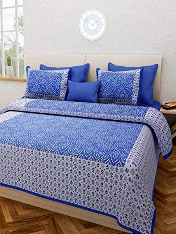 IkBedsheets 143 TC Cotton Queen Printed Flat Bedsheet  (Pack of 1, Blue)