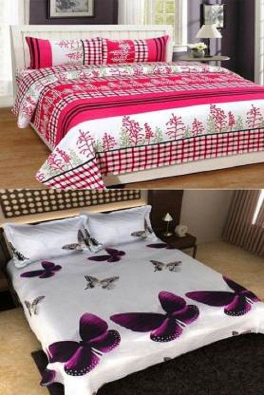 RS COLLACTION 144 TC Polycotton Double Printed Flat Bedsheet  (Pack of 2, Pink, White)