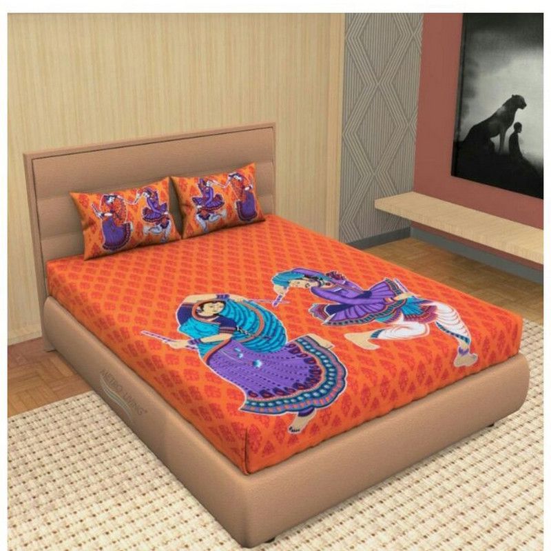 Versatile hut 320 TC Cotton Queen Printed Flat Bedsheet  (Pack of 1, Orange)