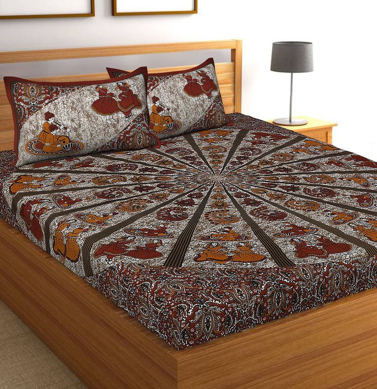 G Craft 104 TC Cotton Double Jaipuri Prints Flat Bedsheet  (Pack of 1, Maroon)