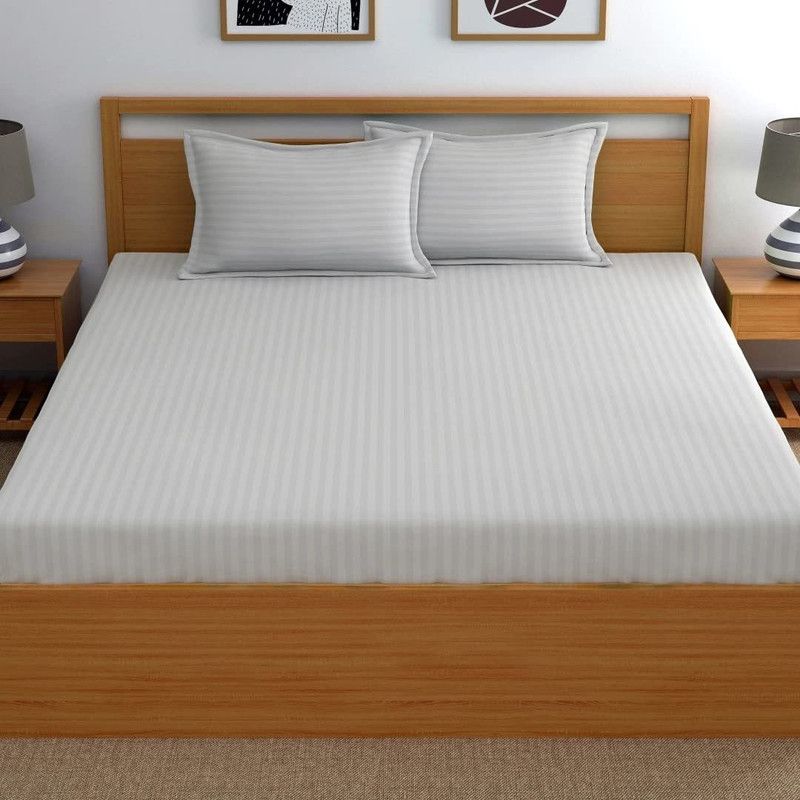 Ocean Blue 1 TC Polycotton Double Striped Flat Bedsheet  (Pack of 1, Grey)