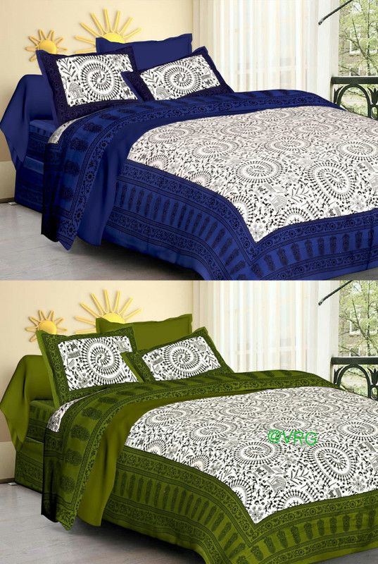 MOXIE 160 TC Cotton Double Jaipuri Prints Flat Bedsheet  (Pack of 2, Blue, Green)