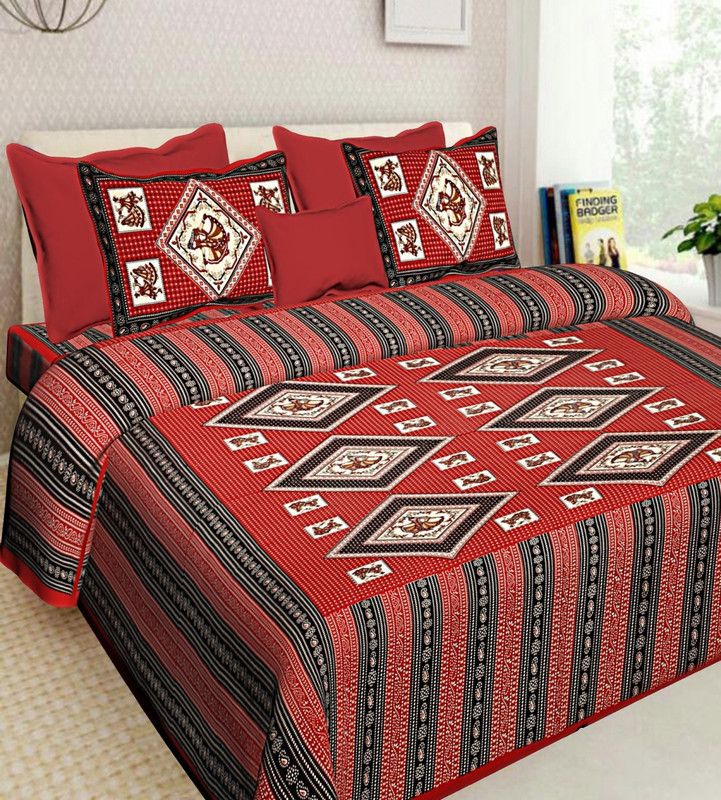 RAJDEVI JAIPUR PRINTS 351 TC Cotton Double Printed Flat Bedsheet  (Pack of 1, Red)