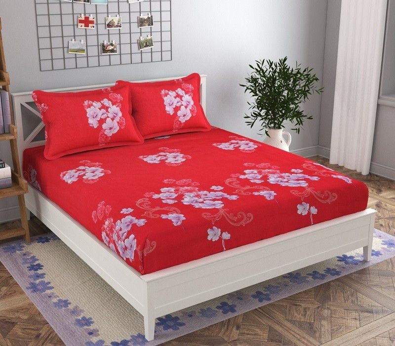 Nakshu 200 TC Polycotton King Solid Fitted (Elastic) Bedsheet  (Pack of 1, light red)