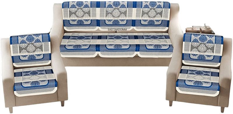 EASTTARDOMM Polycotton Damask Sofa Cover  (Beautiful Poly cotton Floral 5 Seater Sofa Cover - 10 Pieces (Blue) (3+1+1) Pack of 6)