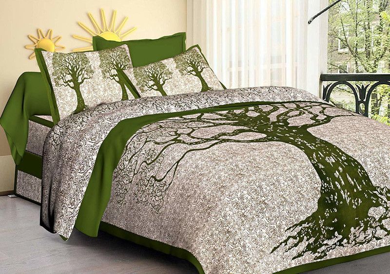 VIHANA LIFESTYL 140 TC Cotton Double Jaipuri Prints Flat Bedsheet  (Pack of 1, Green)