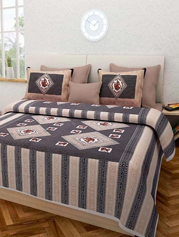 Rawal Fashions 144 TC Cotton Double Jaipuri Prints Flat Bedsheet  (Pack of 1, Black)