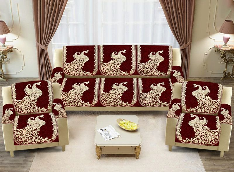 SAWNA HOMES Chenille, Velvet Floral Sofa Cover  (MEHROON Pack of 12)