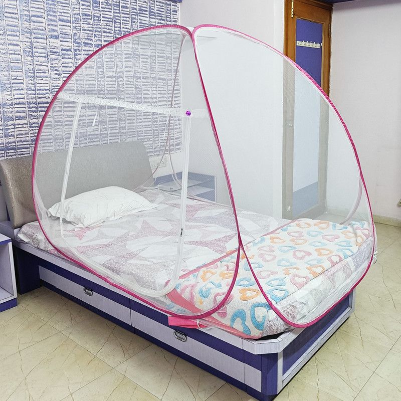 ShreejiHuf Polyester Adults Washable Mosquito Net Polyster Fodeble for Single Bed White Color and Pink Patti Mosquito Net  (White/Pink, Tent)