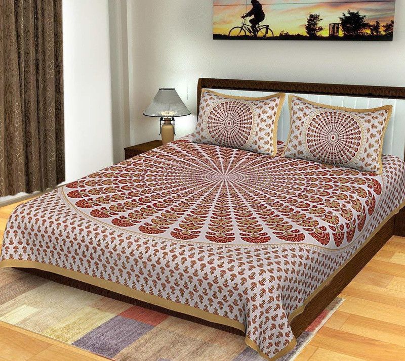 RAJDEVI JAIPUR PRINTS 351 TC Cotton Double, King Printed Fitted & Flat Bedsheet  (Pack of 1, MULTI_3)