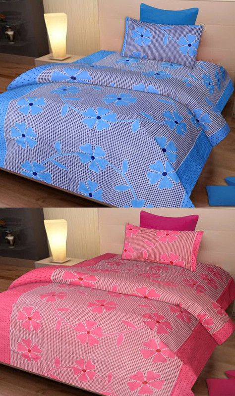Shreejee 120 TC Cotton Single Printed Flat Bedsheet  (Pack of 4, Blue, Pink)