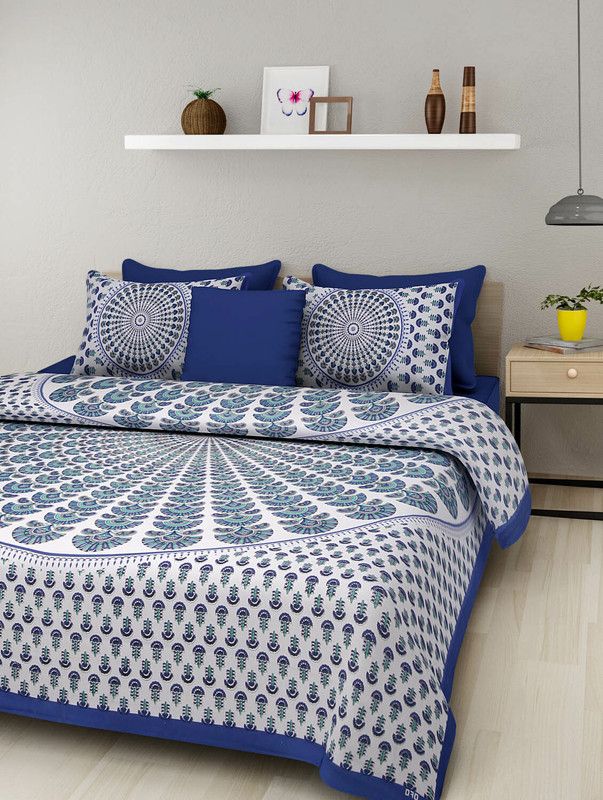 Satrim 280 TC Cotton King Jaipuri Prints Flat Bedsheet  (Pack of 1, Blue)