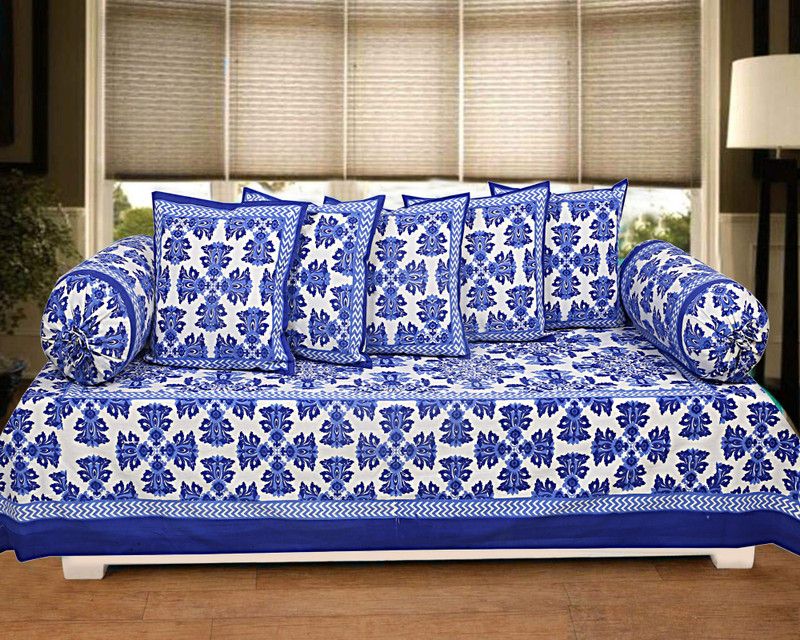 Texstylers Cotton Floral Diwan Set  (Blue)