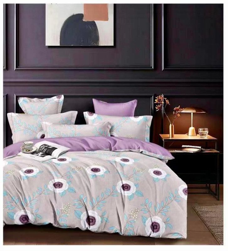 Rushda creations 400 TC Cotton Queen Printed Flat Bedsheet  (Pack of 1, Rushi Grey)
