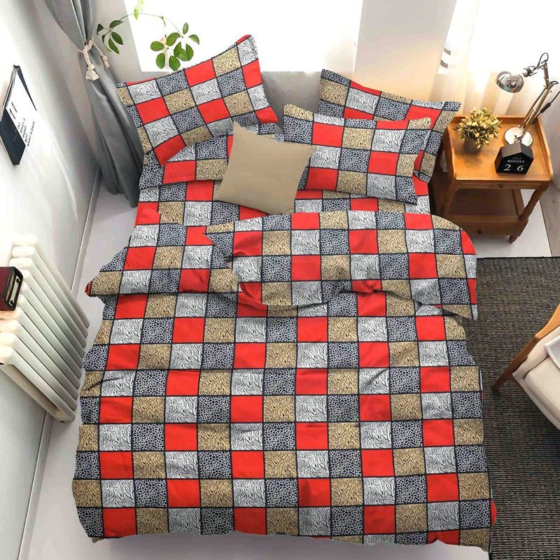Radha 200 TC Polycotton Double Checkered Flat Bedsheet  (Pack of 1, Red, Black)