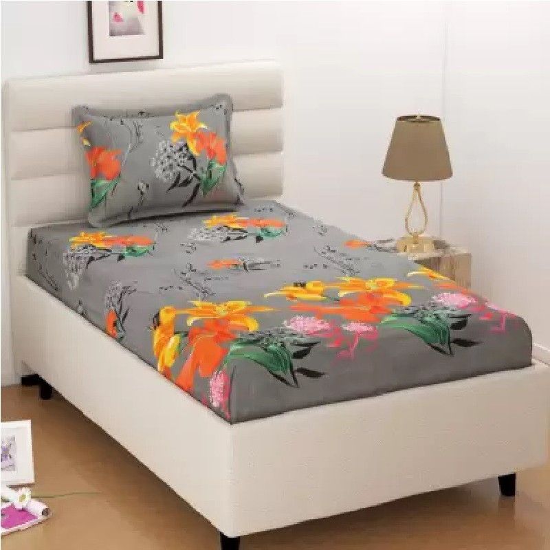 Home Readiness 165 TC Microfiber Single Floral Flat Bedsheet  (Pack of 1, Grey)