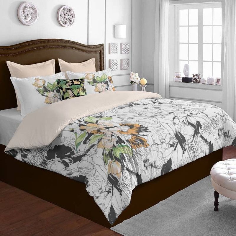 SPACES 300 TC Cotton Double Printed Flat Bedsheet  (Pack of 1, Beige)