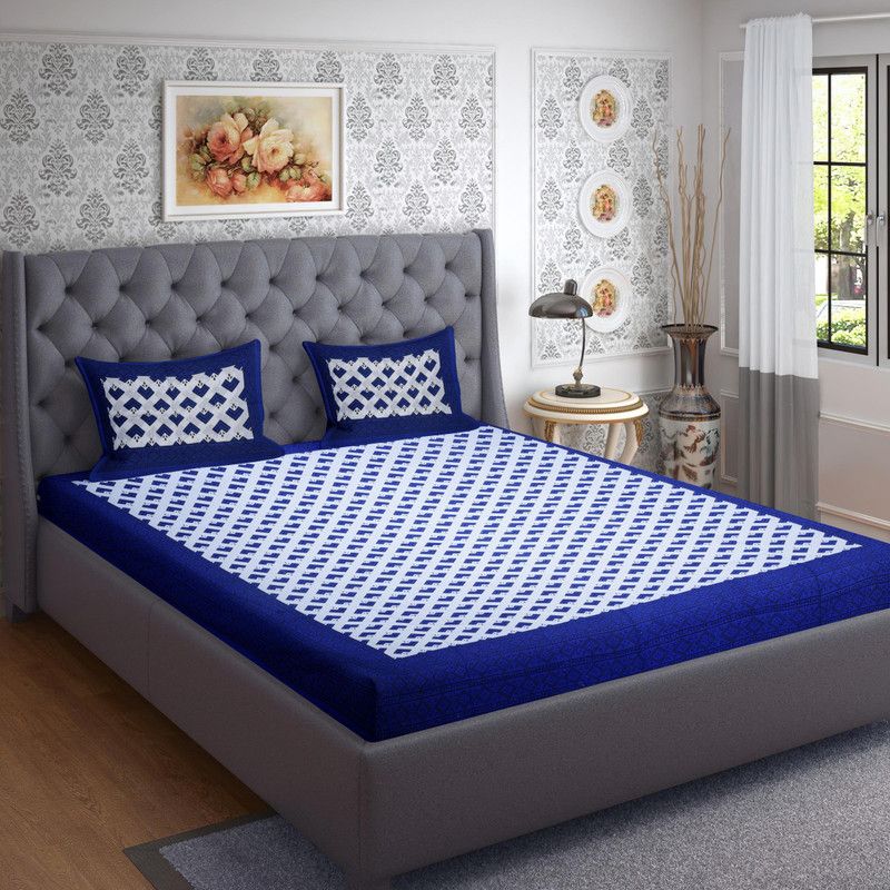 Aisna 144 TC Cotton Double Printed Flat Bedsheet  (Pack of 1, Blue, White)