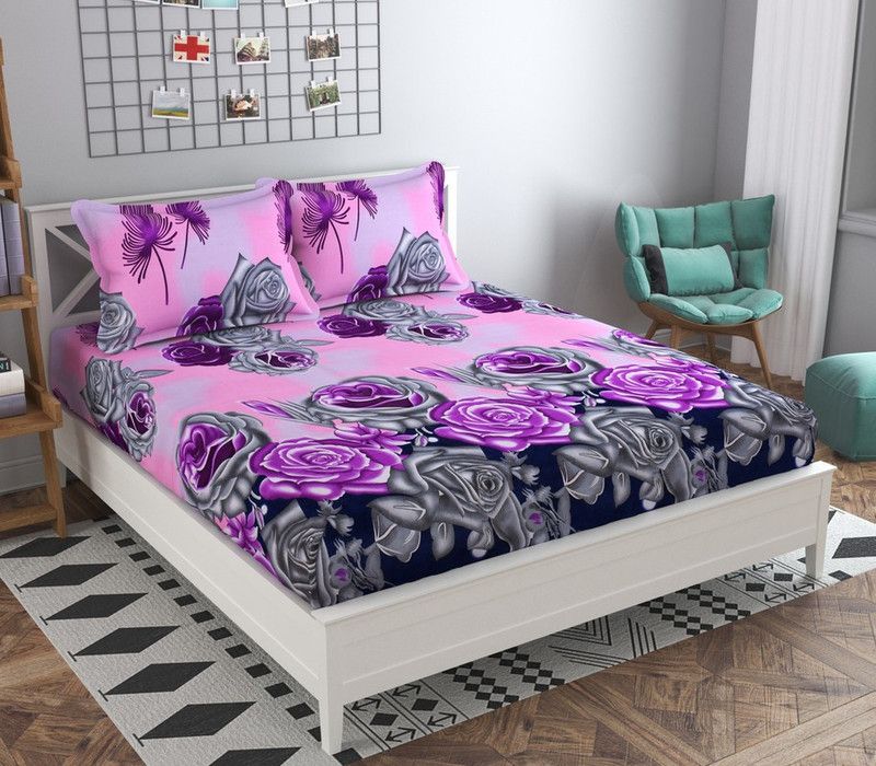 LERV'S Collection 140 TC Microfiber Double 3D Printed Flat Bedsheet  (Pack of 1, Purple Rose)