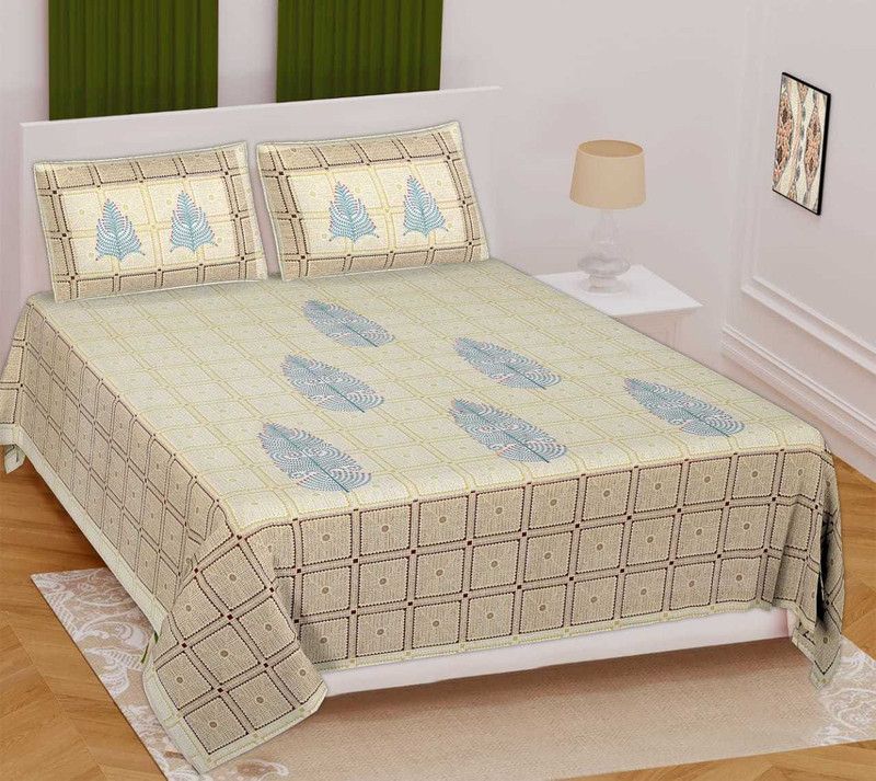 SANWARIYA TRENDS 144 TC Cotton Double, Queen Jaipuri Prints Flat Bedsheet  (Pack of 1, Cream)