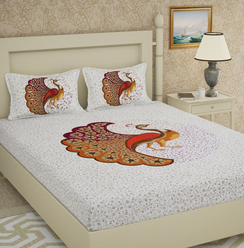 Clinkz 144 TC Cotton Double Printed Flat Bedsheet  (Pack of 1, White Orange)