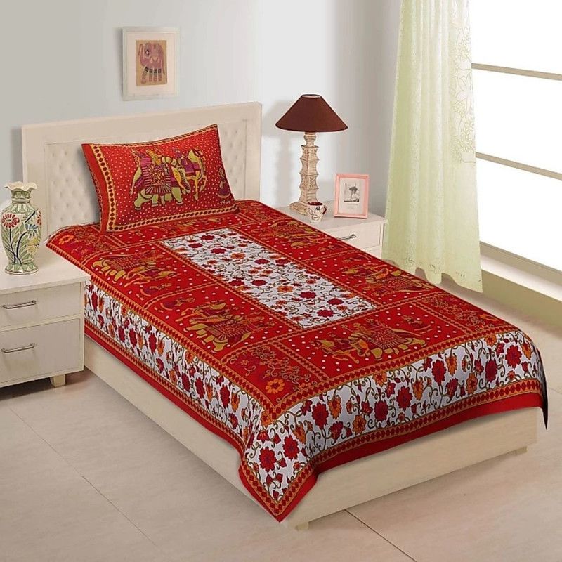 MSKS 144 TC Cotton Single Printed Flat Bedsheet  (Pack of 1, Red)