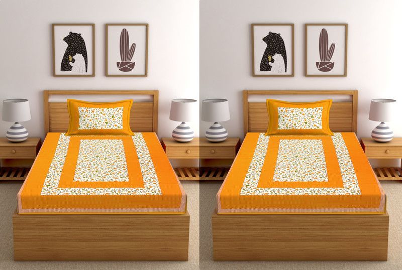 Indram 144 TC Cotton Single Floral Flat Bedsheet  (Pack of 2, Yellow)