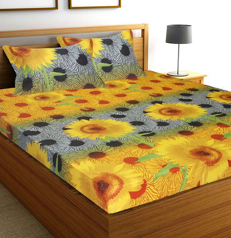 Flipkart SmartBuy 104 TC Microfiber Double Floral Flat Bedsheet  (Pack of 1, Yellow, Grey)