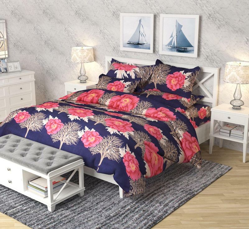 sumren 150 TC Cotton Double Floral Fitted (Elastic) Bedsheet  (Pack of 1, Blue)