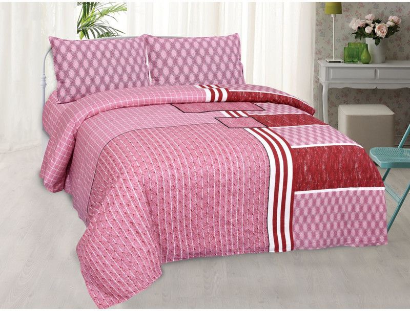 SERENE DECOR 160 TC Cotton King Striped Flat Bedsheet  (Pack of 1, Pink)