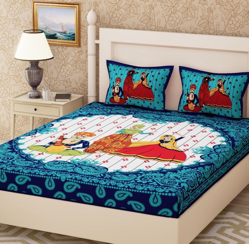 Kp textiles 104 TC Cotton Double Printed Flat Bedsheet  (Pack of 1, Blue, Red, Yellow)