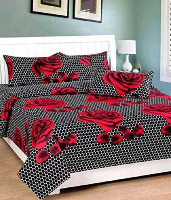 VHD 140 TC Polycotton Double Floral Flat Bedsheet  (Pack of 1, Red, Black)