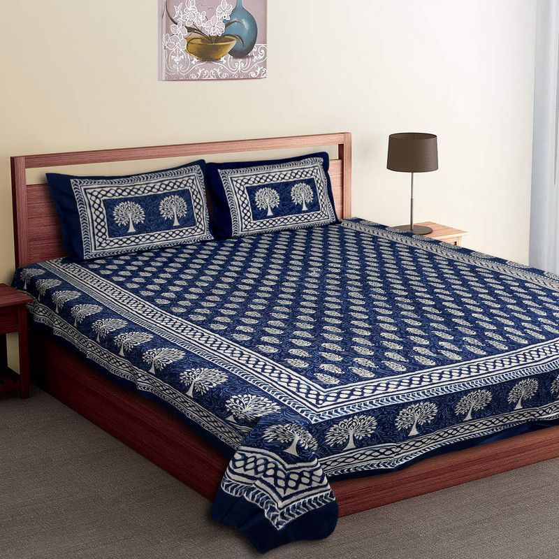 eleganzze 250 TC Cotton Queen Printed Flat Bedsheet  (Pack of 1, Blue)